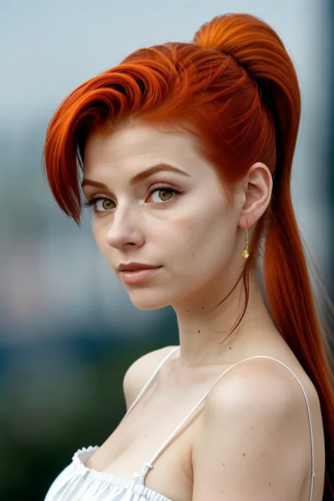 a close up of a woman with red hair and a white dress