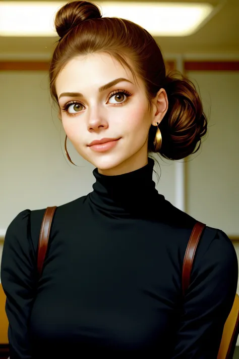 a close up of a woman with a black top and brown suspenders