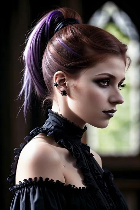 a close up of a woman with a purple hair and a black dress