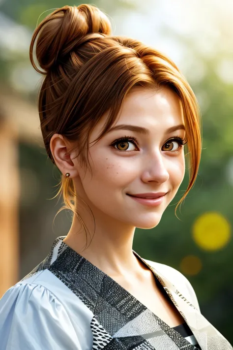 a close up of a woman with a bun in her hair