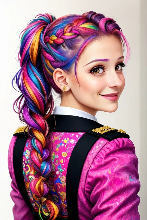 a woman with colorful hair and a pink dress with a braid