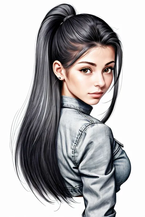 a drawing of a woman with long hair and a ponytail