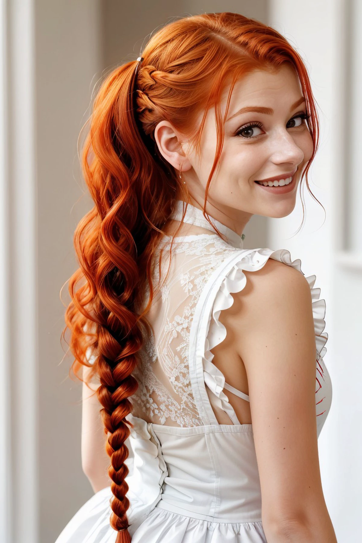 headshot of photo of KaterinaSoria red hair, focus on smiling face, from behind wearing a maid dress her hair is styled as ladder braid,