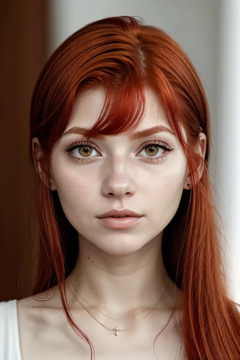 a close up of a woman with red hair and a necklace