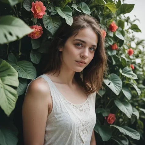 a close up of a woman standing in front of a bush of flowers