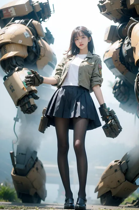 a woman in a skirt and jacket standing in front of a giant robot