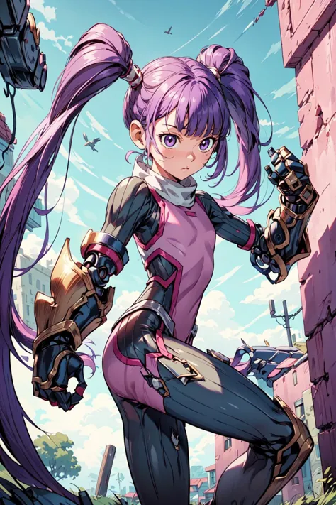 a woman with long purple hair and a pink outfit holding a gun