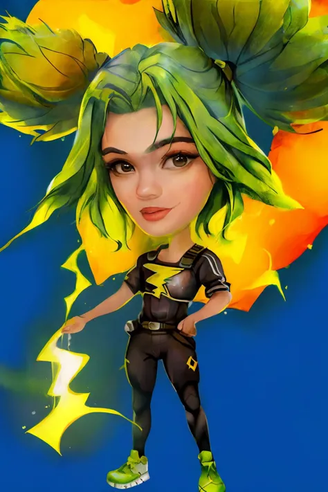 a cartoon girl with green hair and a green top holding a lightning