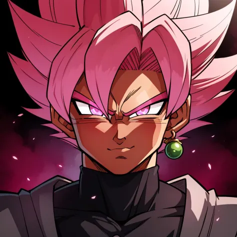 Best_QualityPos, RAW photo, intricate details, best quality, 8k uhd, soft lighting, 1boy, solo, spiked hair, pink hair, pink eyes, super saiyan, single earring, dougi <lora:Goku_Black_Super_Saiyan_Rose:0.6>