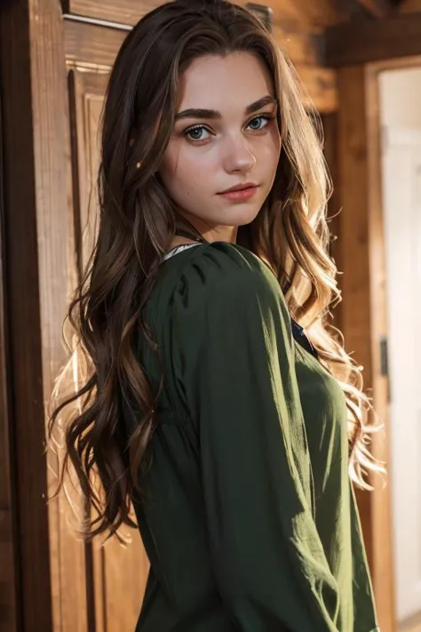 <lora:Helena:.7>, simple background, dark background, upper body, at front, portrait, <lora:GoodHands-vanilla:0.8> better_oppai,  Pine Green blouse, long hair, 
The lips rest naturally, without any hint of a smirk or pout, as the face looks forward.