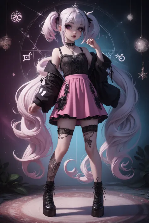 breathtaking full shot, full body, 1girl,  <lora:edgpastelgothfashionv1:0.4> edgpastelgoth, pink outfit, wearing edgpastelgoth <...