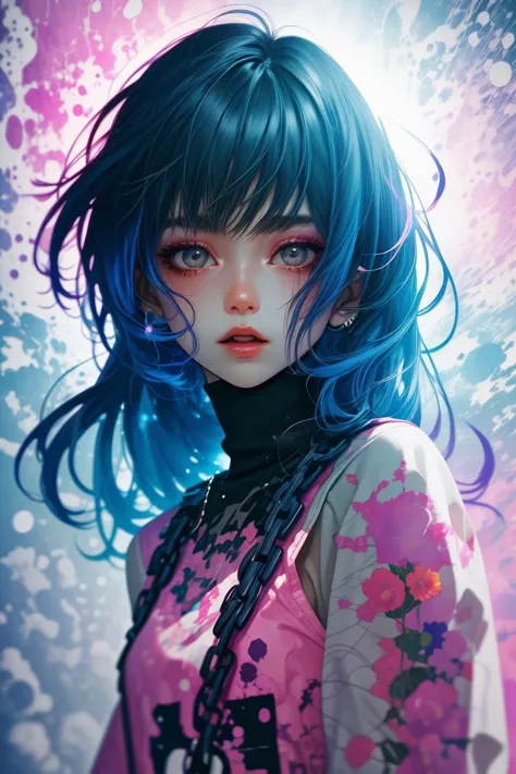 a girl with blue hair and a pink shirt with flowers on it