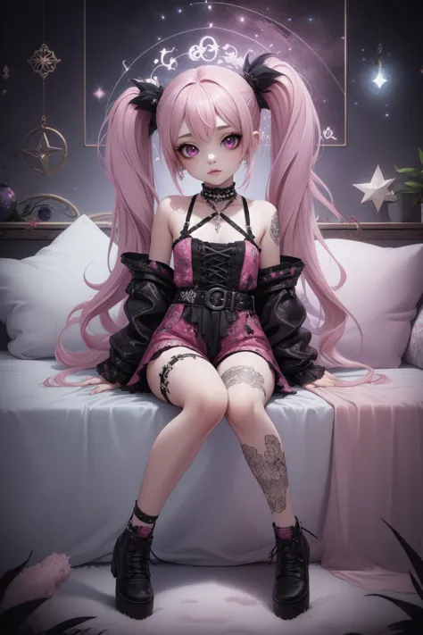 breathtaking full shot, full body, 1girl,  <lora:edgpastelgothfashionv1:0.6> edgpastelgoth, pink outfit, wearing edgpastelgoth <...