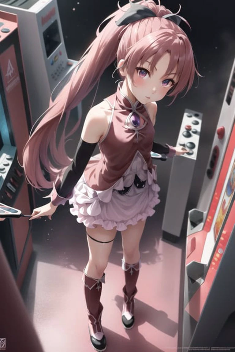 pmmmKyouko, solo, full body, from above, \(a girl using an arcade cabinet\), (detailed shiny anime style eyes), flat chest, detailed textures, neon lighting, colorful lighting, aesthetic, intricate, glowing, bokeh, sharp focus,  