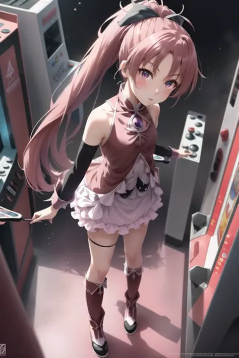 pmmmKyouko, solo, full body, from above, \(a girl using an arcade cabinet\), (detailed shiny anime style eyes), flat chest, deta...
