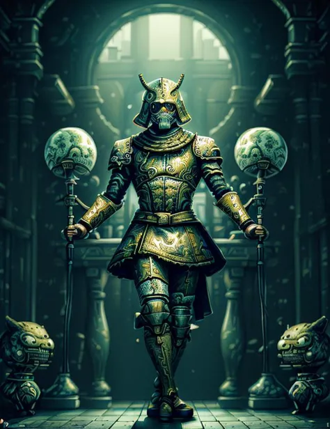 a man in armor holding a sword and standing in front of a group of monsters