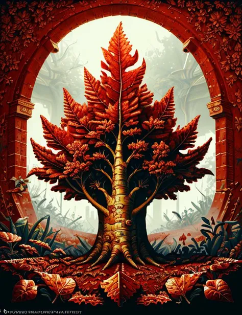 a painting of a tree with leaves and a doorway