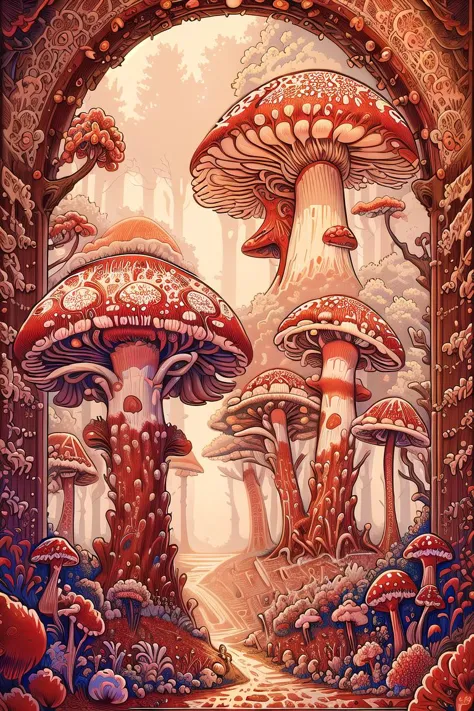 An award-winning digital image of a madeofdelftwareai giant mushroom, (masterwork:1.2), (dynamic lighting:1.1), intricate details, hd, 8k, (red) delftware<lora:morph_taintedcoil2_MadeofDelftwareAI:0.997>