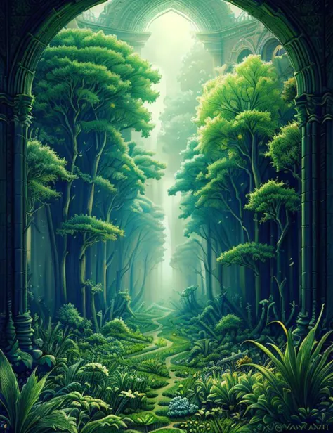 a painting of a forest with trees and plants in the middle