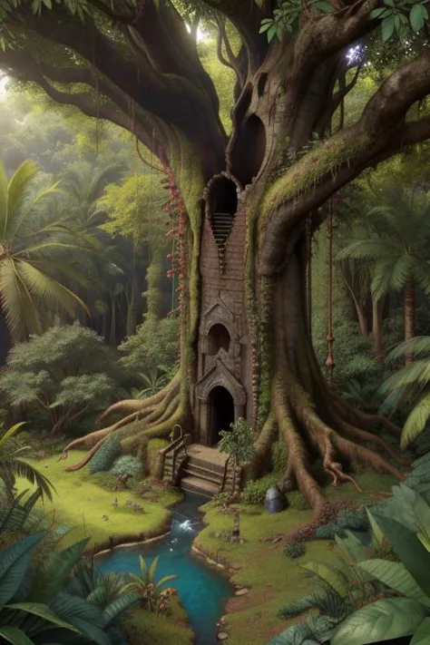 a tree house in the middle of a lush green forest