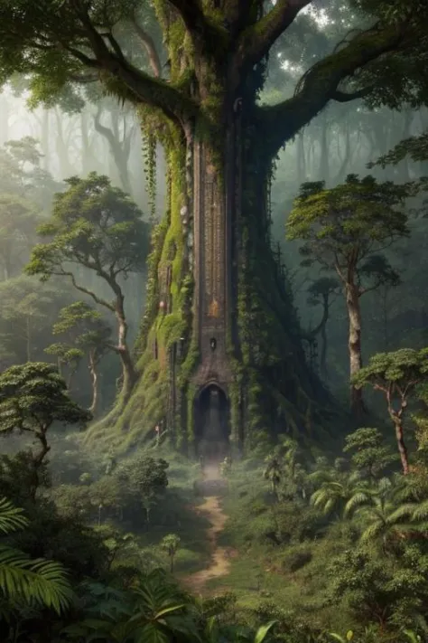 mana tree, (giant tree), magical forest, nature, liana, rainforest, overgrown, vibrant green, amazing details, natural lighting,...