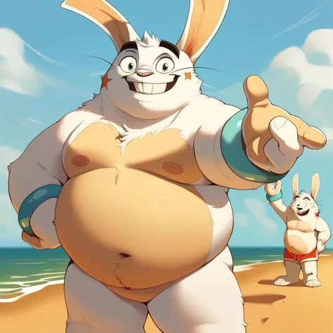 cartoon of a fat bunny with a big belly on the beach