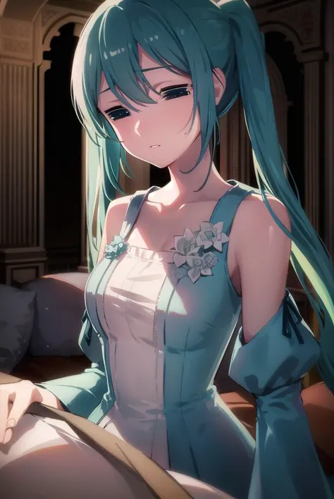 margaritablankenheim, <lyco:margaritablankenheim-lyco-nochekaiser:1>,
margarita blankenheim, aqua eyes, aqua hair, long hair, twintails, <lora:hotarueye_comic3_type2:1>,
BREAK aqua dress, bare shoulders, clothing cutout, collarbone, dress, frilled dress, frills, long dress, shoulder cutout, wide sleeves,
BREAK cowboy shot, looking at viewer,
BREAK indoors, bed,
BREAK <lyco:GoodHands-beta2:1>, (masterpiece:1.2), best quality, high resolution, unity 8k wallpaper, (illustration:0.8), (beautiful detailed eyes:1.6), extremely detailed face, perfect lighting, extremely detailed CG, (perfect hands, perfect anatomy),