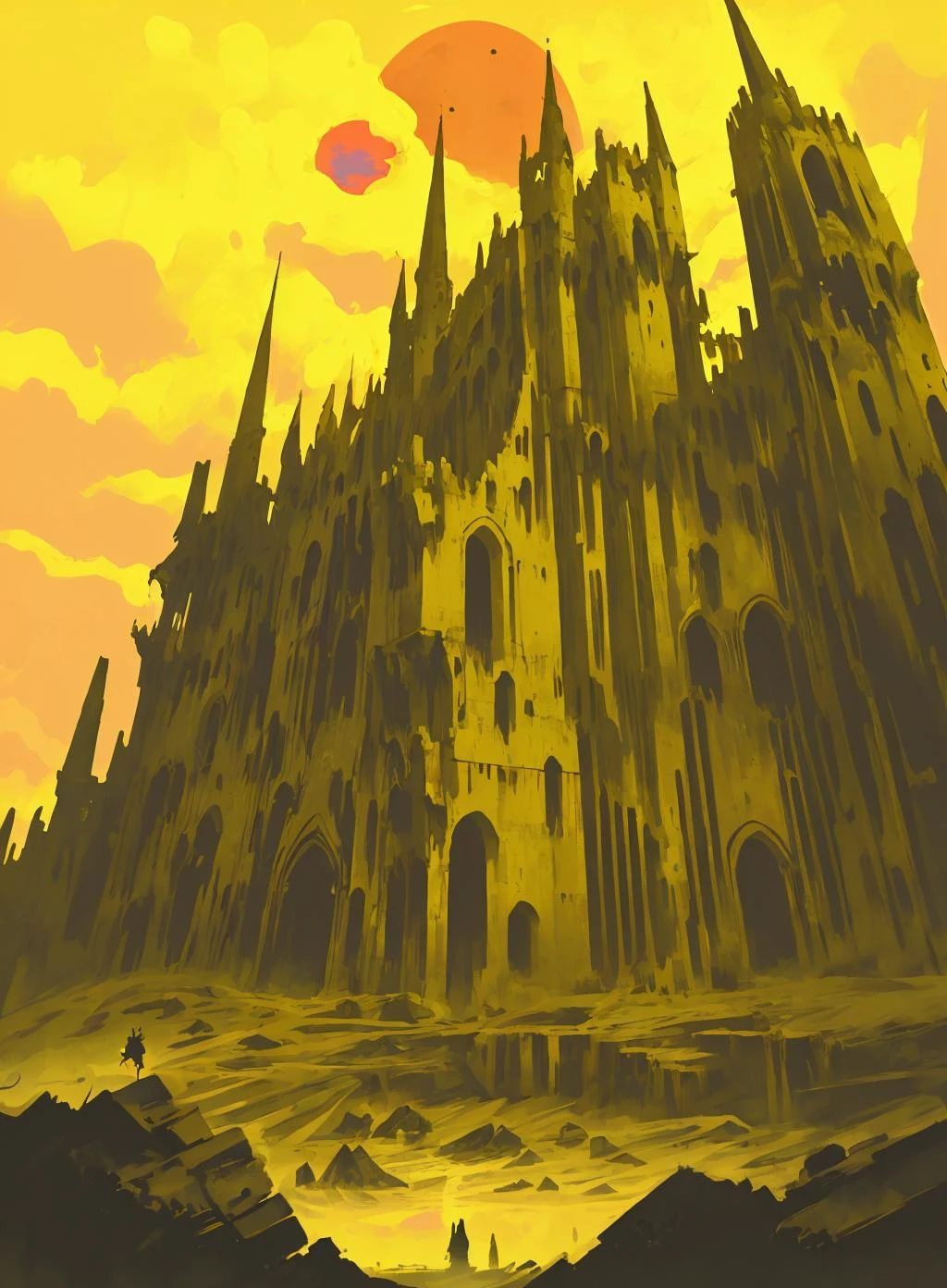 tirage d&#39;un lieu,
château, lune rouge, ciel jaune, ruines, médiéval
