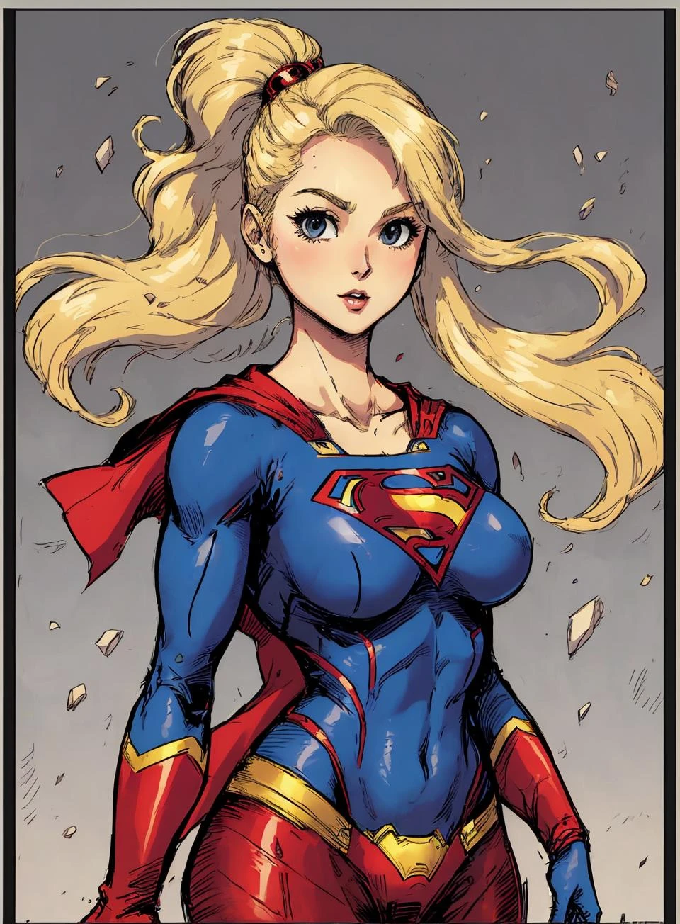 Zeichnung eines Supergirls,  säulenförmig,  grauer Rand,
blondes Haar,   süßer Superheldenanzug, große Brüste,  lange Haare,  Allein,
