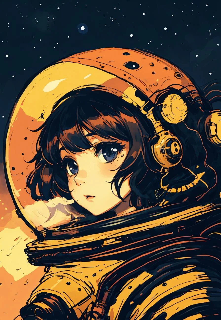 소녀 1명,  별이 빛나는 하늘,   확대,   긴 머리, >,우주비행사 헬멧