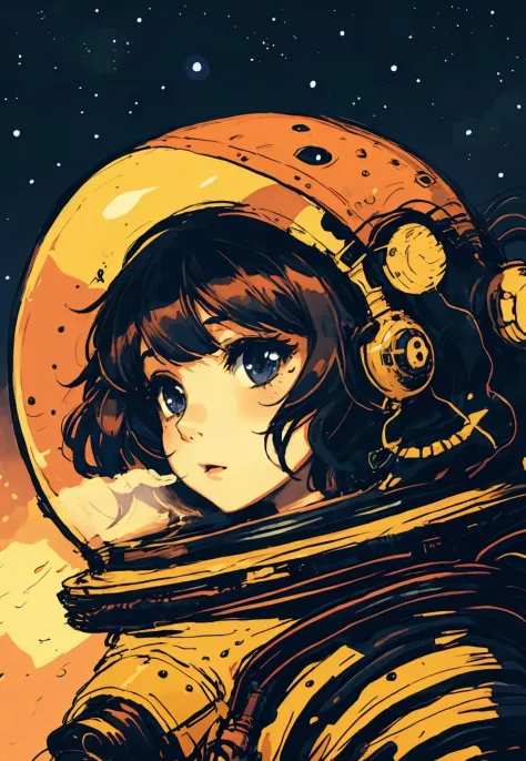 1 girl,  starry sky,   close-up,   long hair, <lora:Landscape_Ink-000003:.7>>,astronaut helmet