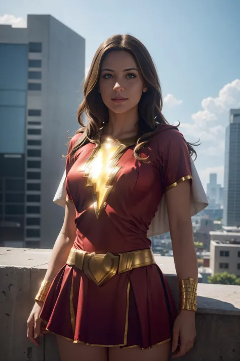 <lora:marymarvel-nvwls-v1:0.9>, ((mary marvel)), white cape, red dress, (red skirt), short sleeves, bracer, breasts, smile, looking at viewer, blue sky, clouds, cityscape, upper body,