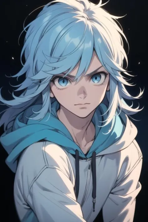 masterpiece, best quality, high quality, 1boy, solo, male focus, looking at viewer, upper body, <lora:akira_kemono_jihen:0.72>, akira_kemono_jihen, long hair, blue eyes, blue hair, , hoodie