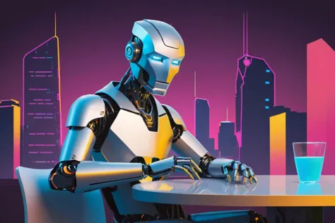 Wide-angle flat cartoon, Robot, man, sitting at a table, Futuristic clothing, Central composition, Sleek metal robot, High-tech features, Man in stylish attire, Holographic patterns, Sitting at table, Minimalist background, Futuristic cityscape, Neon lights, Bright colors, Simple lines.
 <lora:Flat style:0.8> Flat style