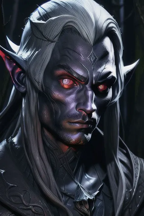 drow fighter, medium close-up, forest at night, natural lighting, RocksEyebrowRaise, portrait, raised eyebrow, thick eyebrows