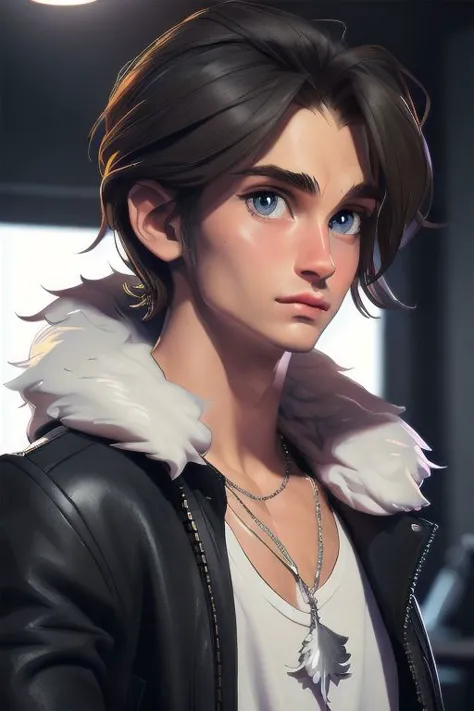 close-up,
[sunafukitabito:sam yang:0.4],
masterpiece, best quality,
squall, scar, necklace, black jacket, fur trim, white t-shirt, black pants, black gloves,
indoors, upper body, looking at viewer, indoors, dark room, black background, arms at sides, close-up, 3DMM