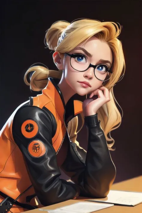 close-up,
[sunafukitabito:sam yang:0.4],
masterpiece, best quality,
quistis, glasses, orange jacket, detached sleeves, orange skirt, belt, leggings, boots
indoors, upper body, looking at viewer, indoors, dark room, black background, arms at sides, close-up