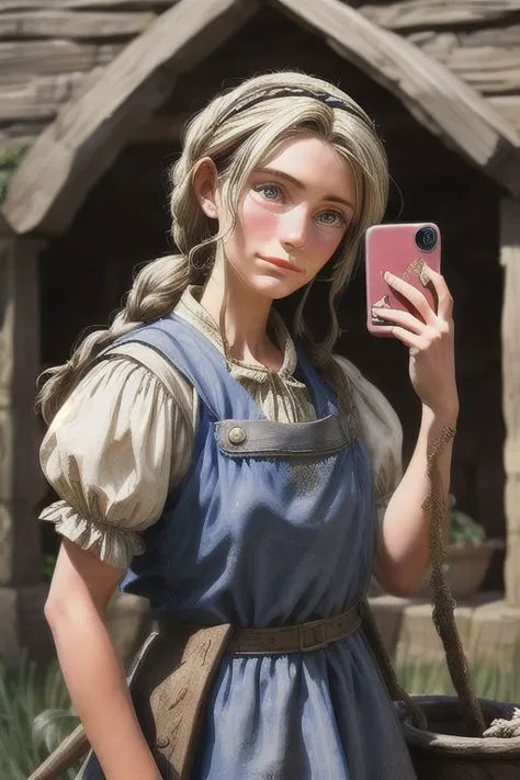 a medieval farmer woman taking a selfie, amusing portrait, parody