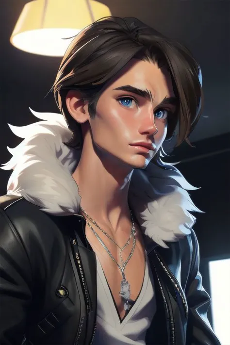 close-up,
[sunafukitabito:sam yang:0.4],
masterpiece, best quality,
squall, scar, necklace, black jacket, fur trim, white t-shirt, black pants, black gloves,
indoors, upper body, looking at viewer, indoors, dark room, black background, arms at sides, close-up, 3DMM