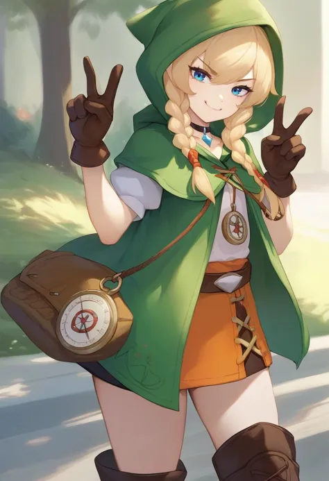 score_9, score_8_up, score_7_up, source_anime, rating_safe, solo, 1girl, linkle, smug, looking at viewer, peace sign, twin braids, green capelet, hood, leather gloves, skirt, thigh boots, choker, belt, outdoors <lora:hyrulewarriors_linkle_ponyXL:1>