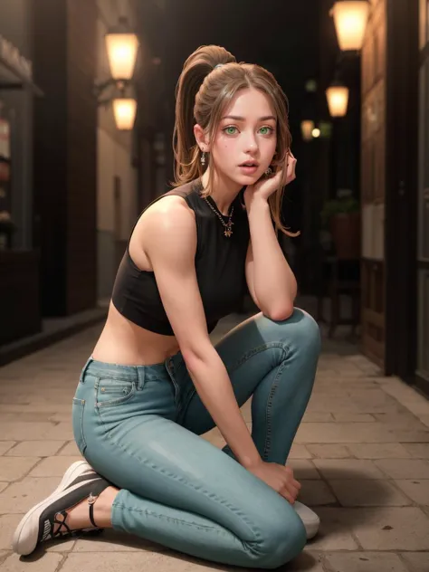 a woman sitting on the ground in a black top and blue jeans