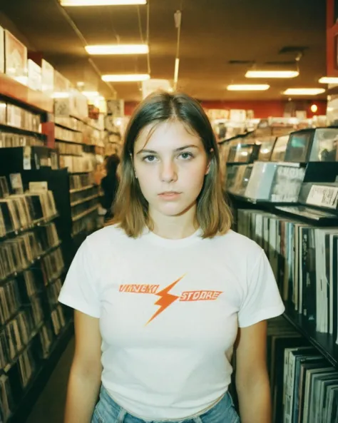 90s flash photo, light leak, analog photo, a girl wearing a white t-shirt standing in the vinyl store