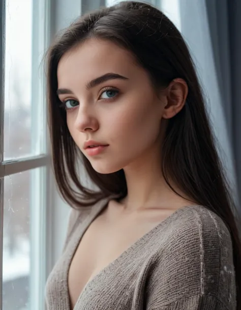 close up photo of 21yo slim girl with dark hair posing artistically in front of window, winter, photoshoot, portrait, studio