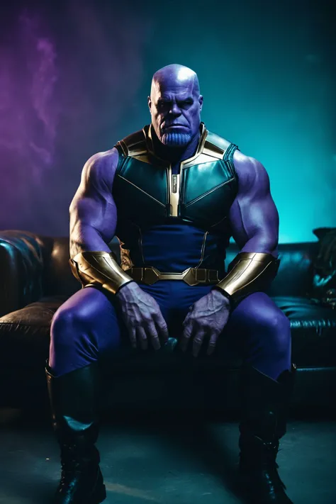 thanos sitting on a couch in a dark room with a purple light