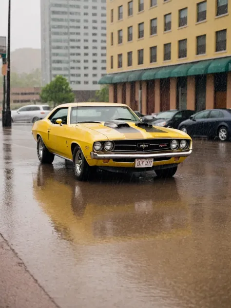 A yellow muscle car, rainy day, water, buildings background, cloudy day, film grain texture, highly detailed