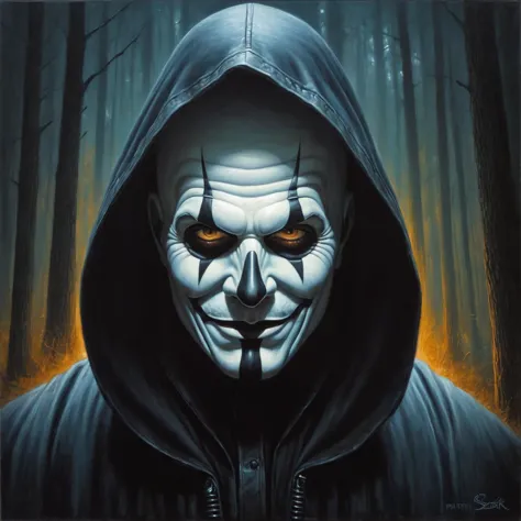 a painting of a creepy man in a hoodie with a scary face