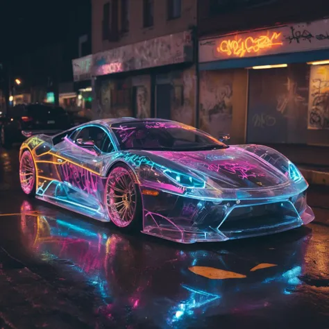 cinematic still,super car,(transparent body:1.3),engraved graffiti,neon lights,street,night,colorful