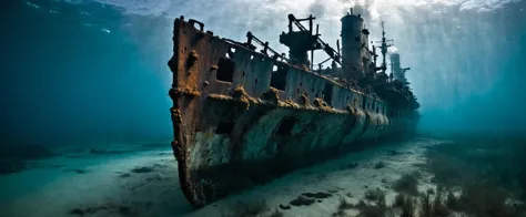 photo, underwater, tilt shift, viewed from above, taken from under the water surface, the submerged shipwreck of a battleship, r...