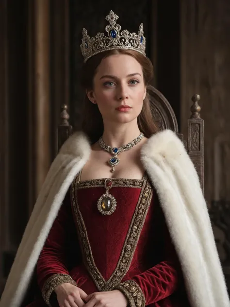 15th century British duke woman,30-year-old,cape,crown,throne room,sinister expression,cinematic still,hyperdetailed photography...