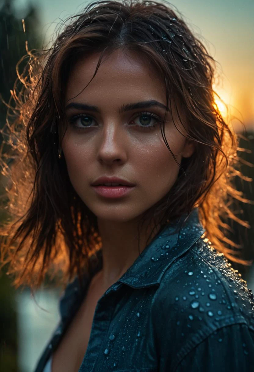 photo, gorgeous girl, (extreme closeup portrait), movie scene, frontal, facing the camera,  ((dynamic shadows)), solo, model photoshoot, (film grain), ((rain, messy, wet)), sunset, detailed eyes,
100mm f/2.8 macro lens, Fujifilm XT3, Canon R5, Fujicolor Fujichrome Velvia 100, shirt,
complex background, masterpiece, visually stunning:1.5, evocative, best quality, intricate and very detailed:1.5, professionally graded colors, hyper-detailed:1.8, cinematic design:1.5, very detailed image, hyperealistic, realistic art style, photorealism, dynamic lighting, light rays, detailed background, cinematic lighting, cinematic angle, very aesthetic, ultra detailed, intricate details, semi realistic, best quality, realistic, photo realistic, dramatic lighting, detailed lighting, realistic photo, [[volumetric lighting, dappled lighting]], 
((vignette)), highly detailed, moody, epic, gorgeous, film, atmospheric haze, Ultra High Resolution, wallpaper, 8K,Rich texture details, hyper detailed,  detailed background, dramatic angle, epic composition, dynamic lighting, award winning photo,
complex background, caustics, optics, surreal, magic, perfect anatomy, best resolution, best quality, highres, realistic photo, professional photography, professional color grading, cinematic angle, reflection lights, closed up, many details, extreme detailed, full of details, life-like details, cinematic, dramatic, dynamic, extremely refined lines and and shapes, extremely refined details on objects, sharp details, wide range of colors, many details everywhere, raytracing, antialiasing, Realistic soft shadows, Low saturation colors, insane quality, insane resolution, Insane details, masterpiece, 8k, 4k resolution,
